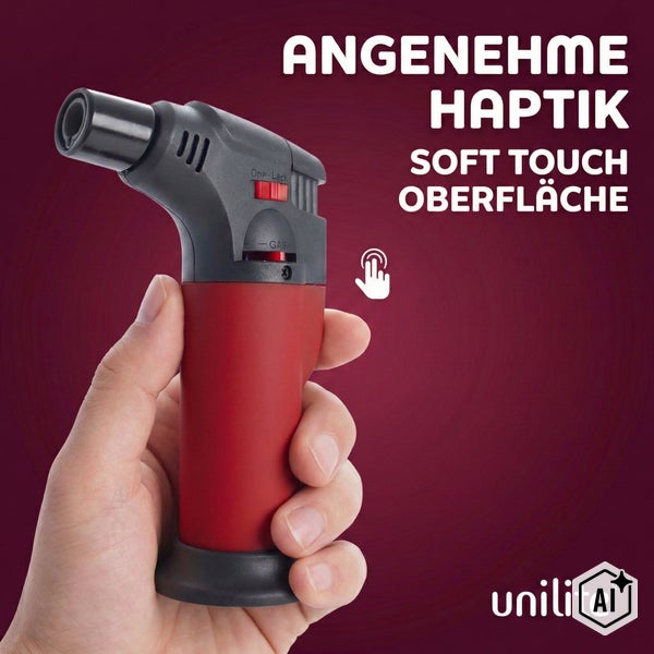 Gasbrenner mit Soft Touch Oberfläche in einer Hand gehalten, Unilite Logo.