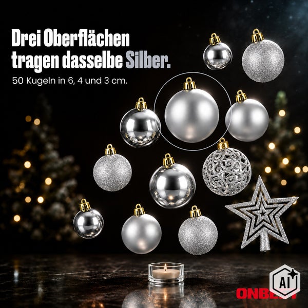 Set mit 50 silbernen Weihnachtskugeln in verschiedenen Oberflächen und Größen von 6, 4 und 3 Zentimetern inklusive Weihnachtsbaumspitze als Stern.