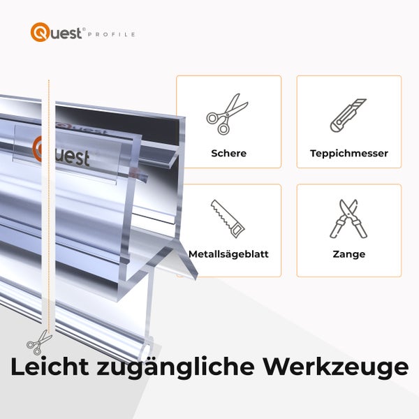 Quest Profile Logo. Tools like scissors, carpet knife, metal saw blade, and pliers are easily accessible.