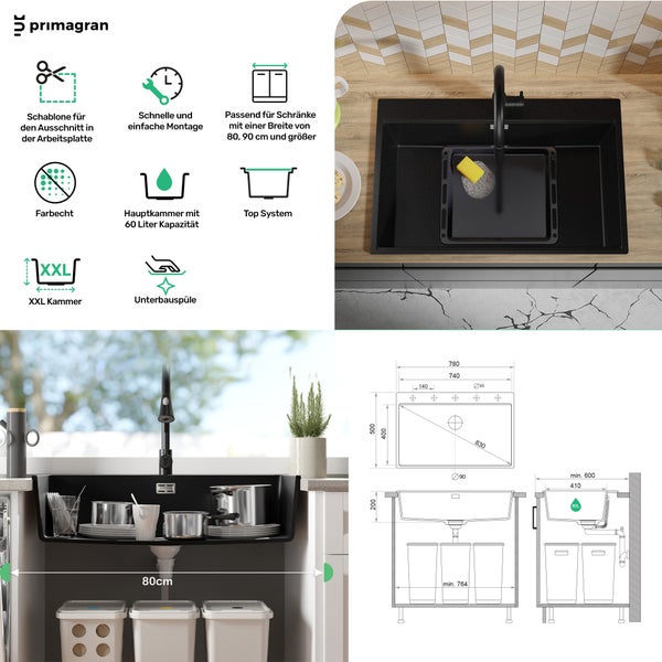 Primagran Küchenspüle mit Montagehinweisen und Maßangaben