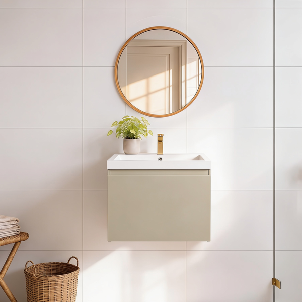 Modernes Badezimmer mit wandhängendem Waschtisch, rundem Spiegel, Armatur und kleiner Pflanze vor hellen Wandfliesen mit Korb im Vordergrund.