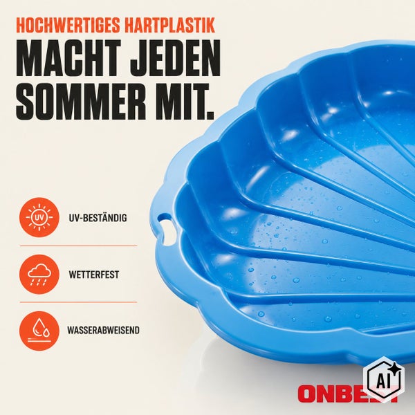 Muschelförmiges Planschbecken aus Hartplastik für Kinder, UV-beständig, wetterfest und wasserabweisend, Onbest Logo.