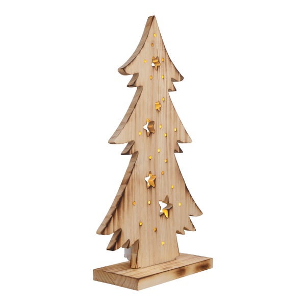 Dekorativer Weihnachtsbaum aus Holz mit Sternen und LED-Beleuchtung