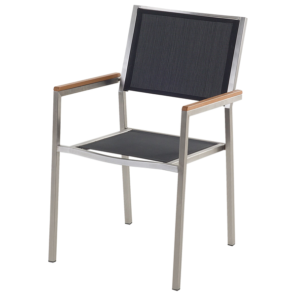 Gartenstuhl aus Edelstahl mit Armlehnen aus Holz und Textilbespannung