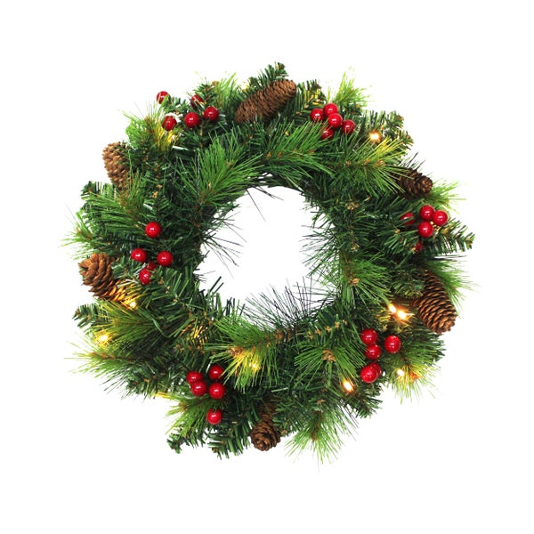 Dekorativer Weihnachtskranz mit Tannenzweigen, Zapfen und Beleuchtung.