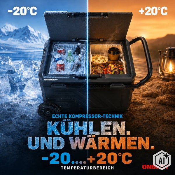Tragbare Kompressor Kühl und Wärmebox für Temperaturen von minus 20 bis plus 20 Grad Celsius mit zwei getrennten Fächern für Getränke und Speisen.