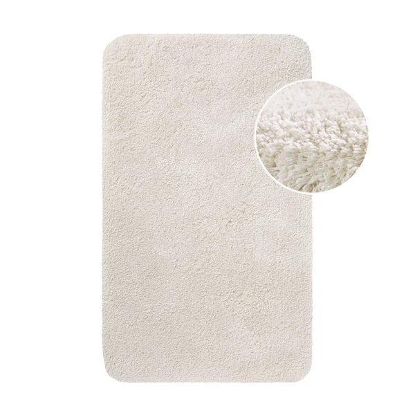 Badematte, rechteckig mit abgerundeten Ecken, flauschige Textur mit Detailansicht des Flors.