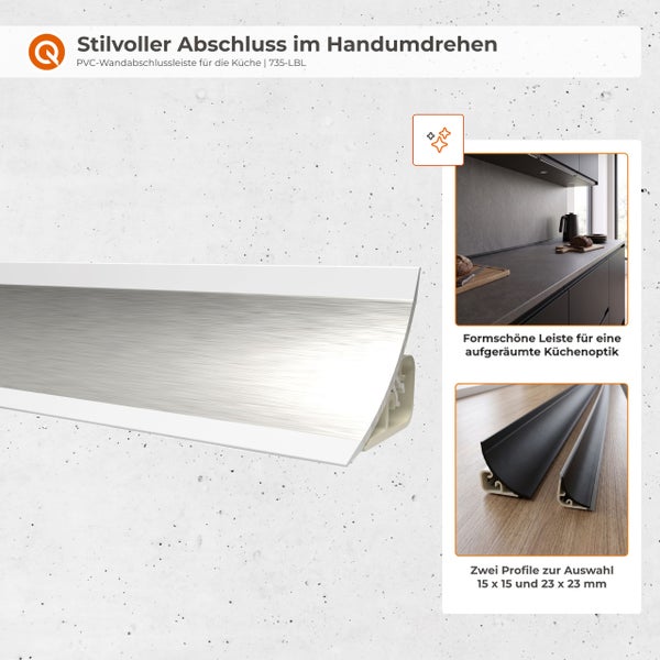 PVC Wandabschlussleiste für die Küche zur sauberen Kantenversiegelung zwischen Arbeitsplatte und Wand in verschiedenen Größen und Ausführungen.