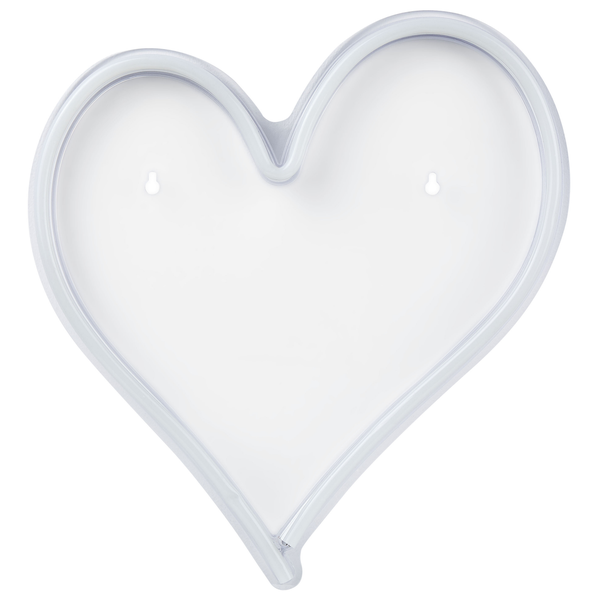 Herzförmige LED-Wandleuchte aus Kunststoff im Neon-Stil mit zwei Aufhängelöchern.