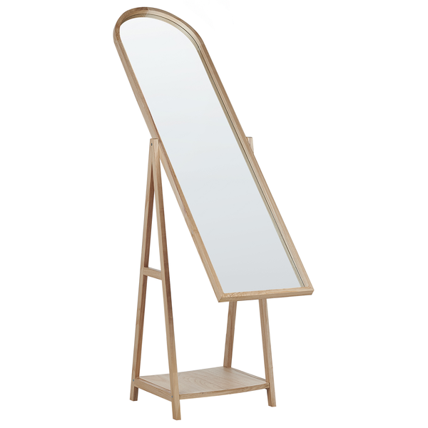 Standspiegel mit Holzrahmen, gewölbtem Abschluss und integrierter Ablage.