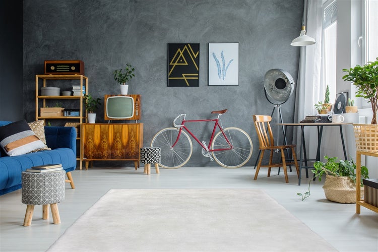 Hell gestalteter Wohnraum mit grauer Wand in Betonoptik, hellem Teppich, blauem Sofa, Retro-Möbeln, einem roten Rennrad und Zimmerpflanzen.