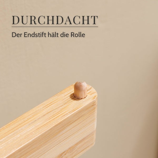 Holzhalterung mit Endstift zur Fixierung von Rollen an einem Küchenrollenhalter oder Toilettenpapierhalter.