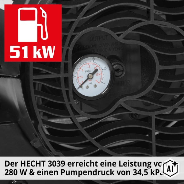 Detailansicht eines Hecht 3039 Dieselheizgeräts mit Manometer zur Druckanzeige und Leistungsangabe von 51 Kilowatt.