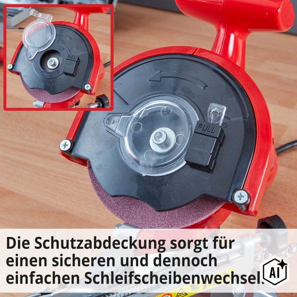 Detailansicht der Schutzabdeckung an einem Kettenschärfgerät für den sicheren und einfachen Wechsel der Schleifscheibe.