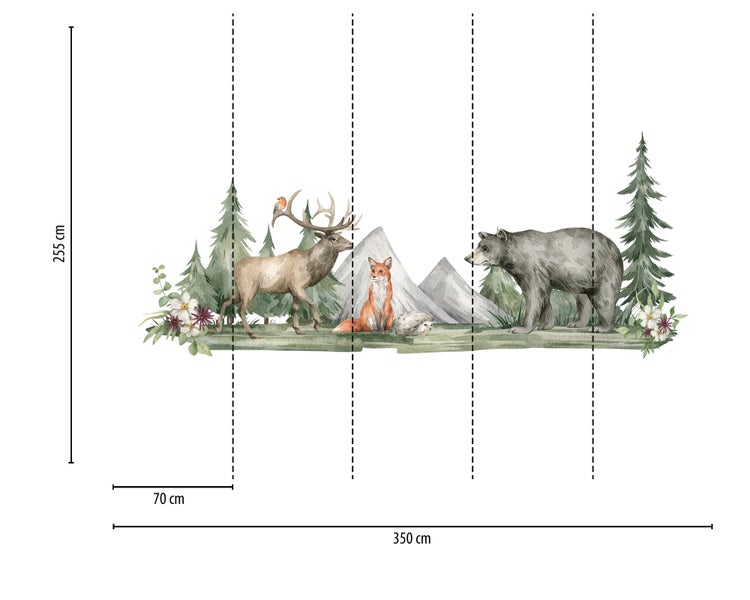 Fototapete mit Waldtieren wie Hirsch, Fuchs, Igel und Bär in einer Landschaft mit Bergen und Bäumen. Maße 350 mal 255 Zentimeter.