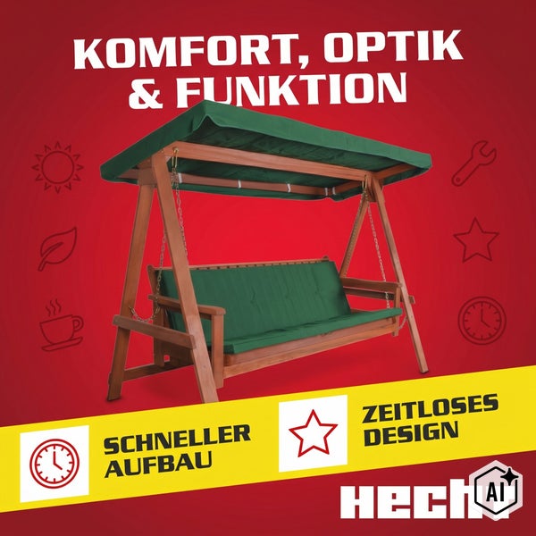 Hecht Hollywoodschaukel aus Holz mit Sonnendach und Auflage für den Garten inklusive Symbolen für schnellen Aufbau und zeitloses Design