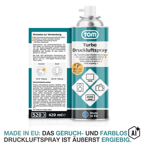 TOM Turbo Druckluftspray zur kontaktlosen Staubreinigung von Elektronikgeräten, 420 Milliliter Dose mit Sprühröhrchen.