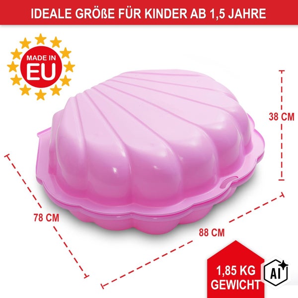 Muschelsandkasten für Kinder ab 1,5 Jahren aus Kunststoff mit den Maßen 88 mal 78 mal 38 Zentimeter und einem Gewicht von 1,85 Kilogramm.