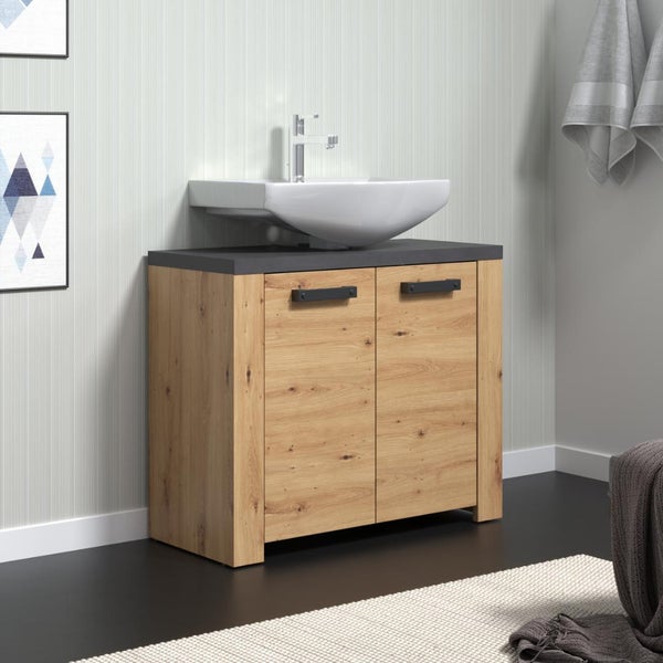 Waschtischunterschrank mit Aufsatzwaschbecken und zwei Türen im Badezimmer