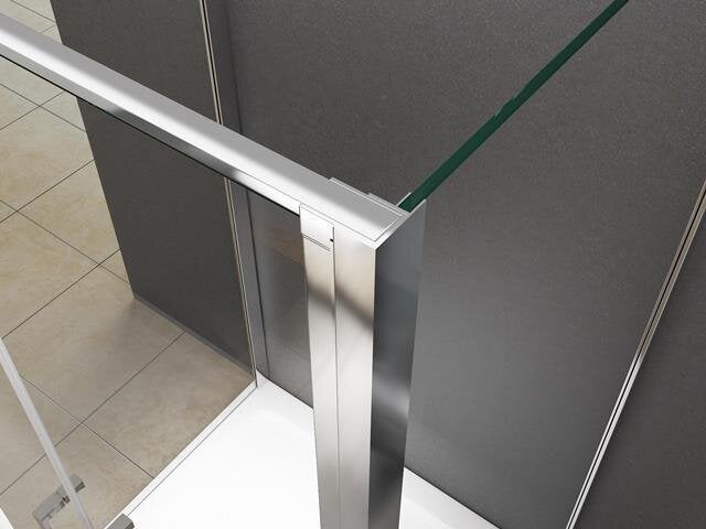 Detailansicht einer Duschkabine mit klaren Glaswänden und silberfarbenen Rahmen