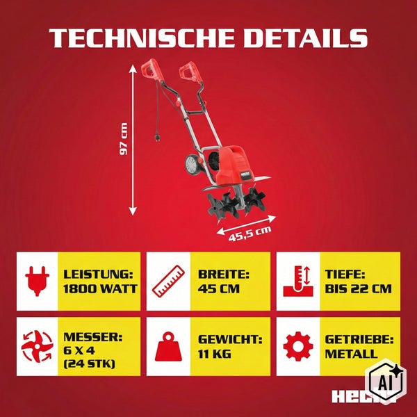Technische Übersicht einer Elektro Bodenhacke mit 1800 Watt Leistung, 45 Zentimeter Breite, 22 Zentimeter Tiefe und Hecht Logo.