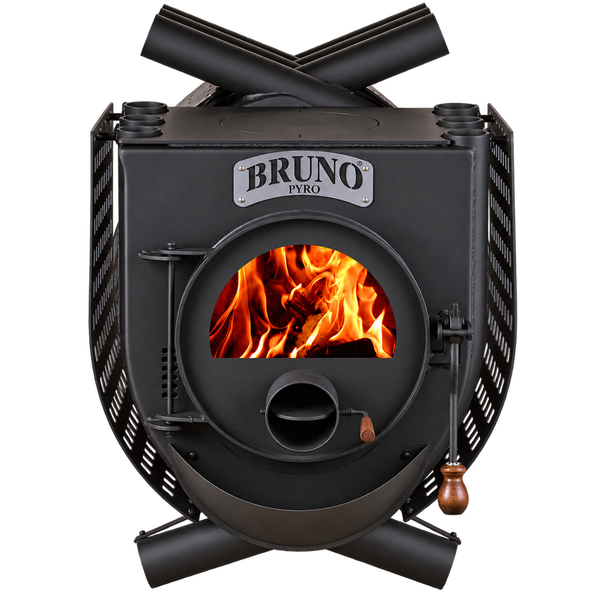 Bruno Pyro Warmluftofen aus Stahl mit Holzfeuer hinter einer runden Sichtscheibe und Markenemblem