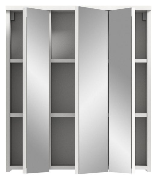 Spiegelschrank mit geöffneten Türen und Regalen