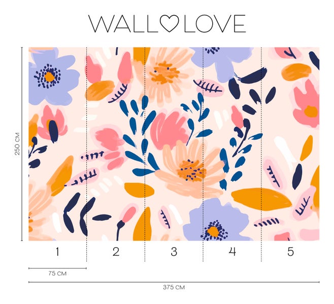 Wandtapete mit Blumenmuster und Maßangaben