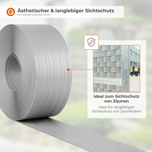 Rolle graue PVC Sichtschutzstreifen mit 10 Zentimeter Breite für Zäune, Q Logo und Symbol für Langlebigkeit.