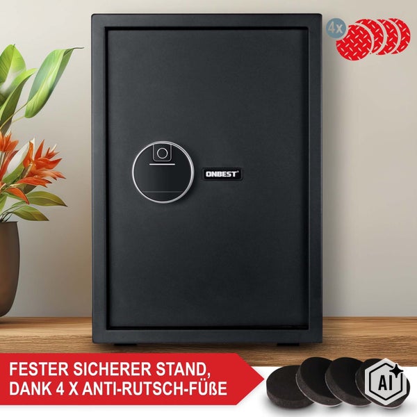 Wandtresor von Onbest mit 4 Anti Rutsch Füßen für einen sicheren Stand auf einem Holztisch neben einer Pflanze.