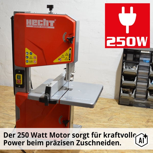 Hecht Bandsäge mit 250 Watt Leistung für präzise Holzschnitte im Werkstattbereich.