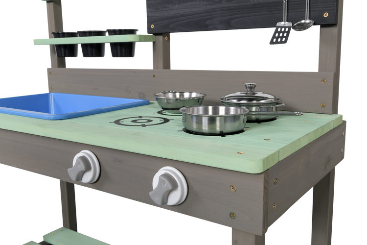 Spielküche aus Holz mit Kochfeld, Spüle und Zubehör