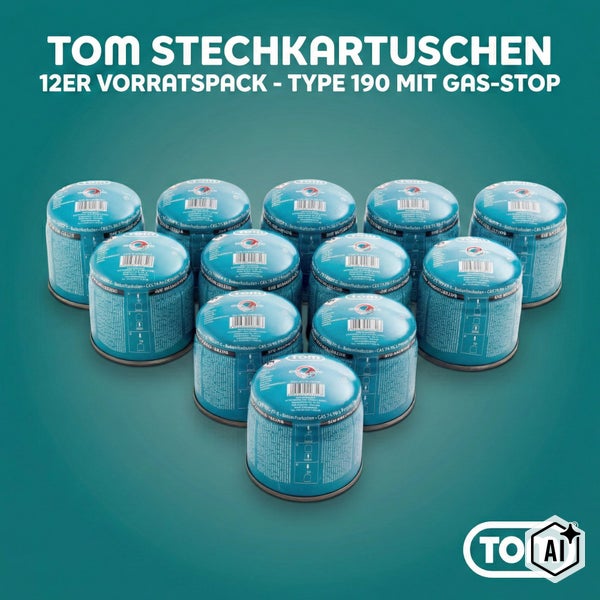 Zwölf Tom Stechkartuschen Typ 190 mit Gas Stopp System im Vorratspack. Tom Logo.