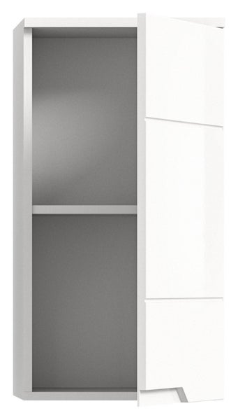 Wandhängender Oberschrank mit geöffneter Tür, einem Einlegeboden und integrierter Griffmulde.
