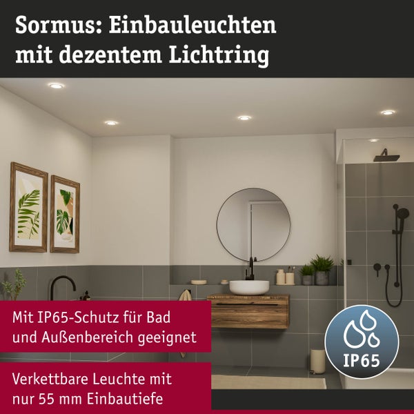 Modernes Badezimmer mit eingebauten Sormus-Leuchten mit Lichtring, die IP65-Schutz bieten