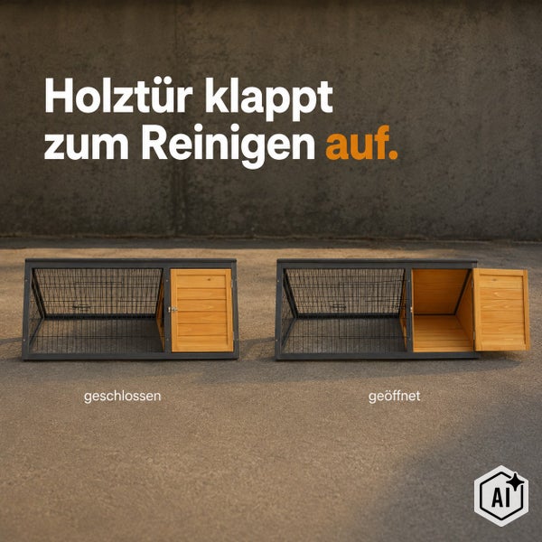 Holzgehege für Kleintiere mit aufklappbarer Holztür für einfache Reinigung, dargestellt in geschlossener und geöffneter Ausführung.