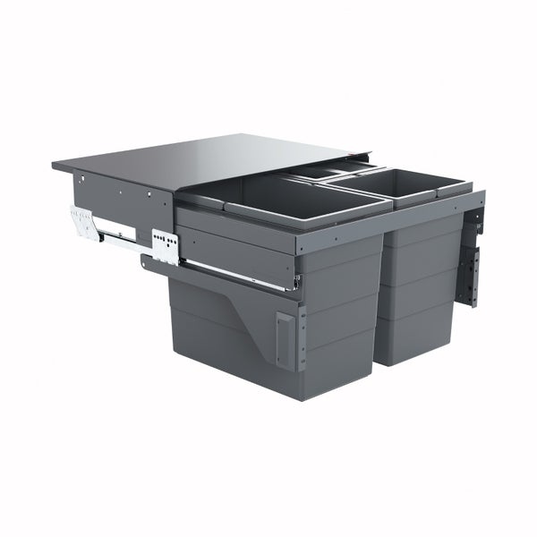 Einbaumülltrennsystem mit Auszugsschienen, drei grauen Kunststoffbehältern und einer Metallabdeckung für Küchenschränke.