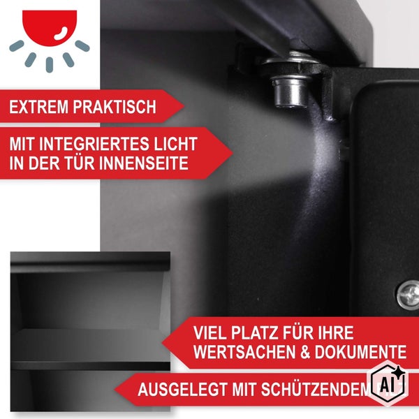 Tresor mit integrierter Innenbeleuchtung, Ablagefach und schützendem Filz am Boden zur Aufbewahrung von Wertsachen und Dokumenten.