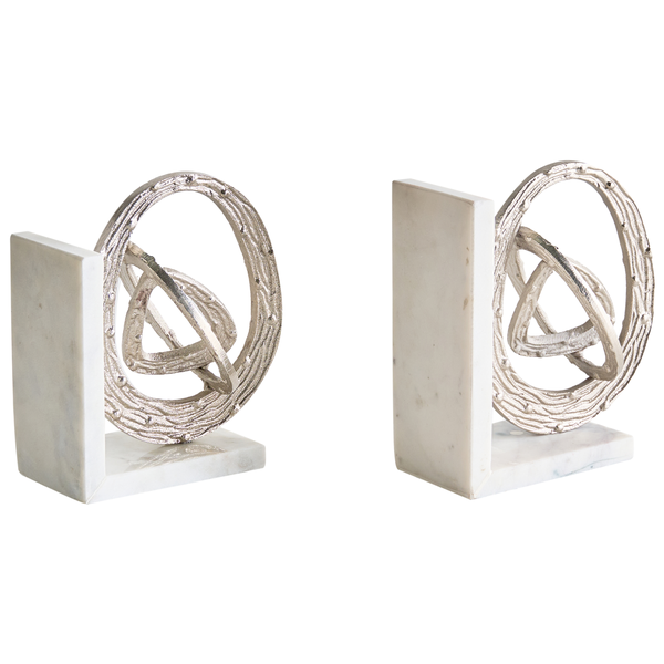 Zwei Buchstützen aus Marmor mit silberfarbener, abstrakter Verzierung