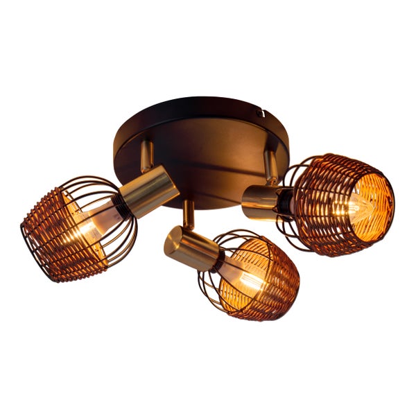 3er Deckenrondell CORBIS, Spot aus Metall in Schwarz, mit Gold und Rattan, mit E14-Fassung, für Esszimmer, Wohnzimmer, Diele oder Büro, Beleuchtung für Wohnzimmer, Esszimmer oder Büro, 38 cm Durchmesser