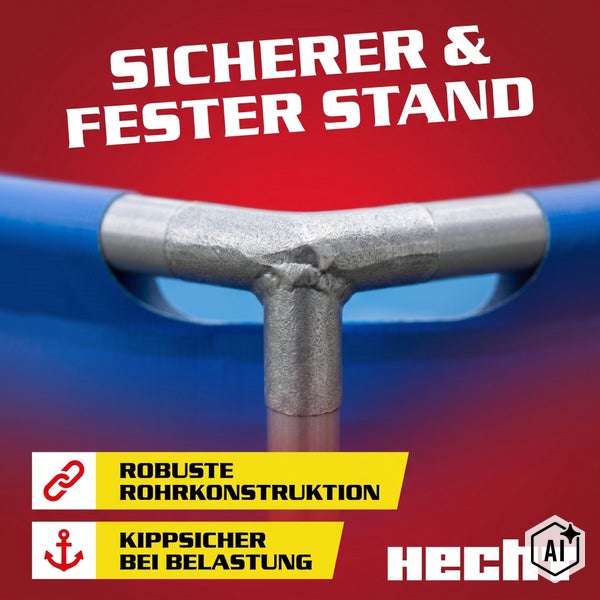 Detailansicht der robusten Rohrkonstruktion einer Hecht Heckeinrichtung für einen sicheren und festen Stand sowie Kippsicherheit bei Belastung.