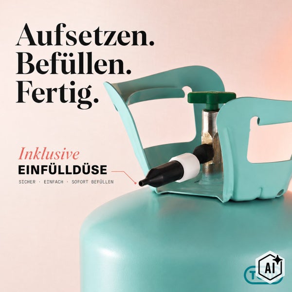 Ballongasflasche mit Ventil und Einfülldüse für Partyballons inklusive Tom Logo