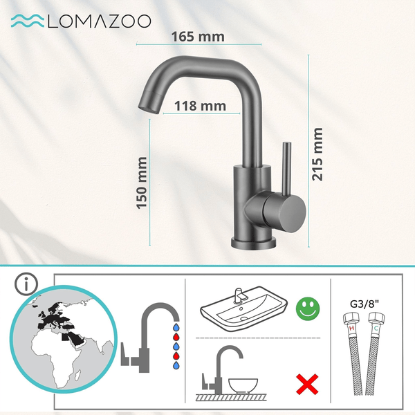 Lomazoo Waschtischarmatur mit Maßangaben und Installationshinweisen für Badwaschbecken.
