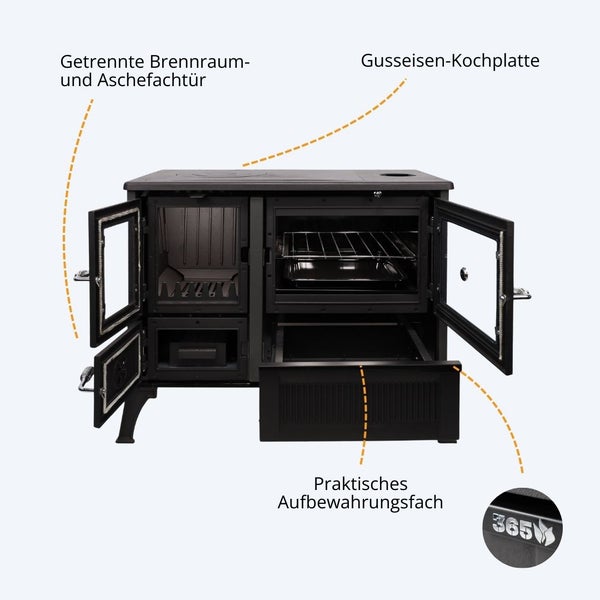 Holzherd mit Gusseisen-Kochplatte, separater Brennraum- und Aschefachtür, Backofen und praktischem Aufbewahrungsfach.