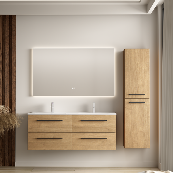 Modernes Badezimmermöbel Set mit Doppelwaschtisch, Holzoptik Unterschrank, LED Wandspiegel und hohem Seitenschrank an einer hellen Wand.