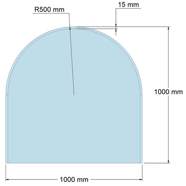 Maßzeichnung einer Rundbogenplatte mit 1000 mal 1000 Millimeter, Radius 500 Millimeter und einer Kantenstärke von 15 Millimeter.