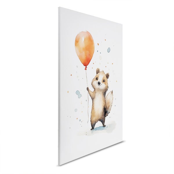 Leinwandbild mit einem Waschbären, der einen Ballon hält