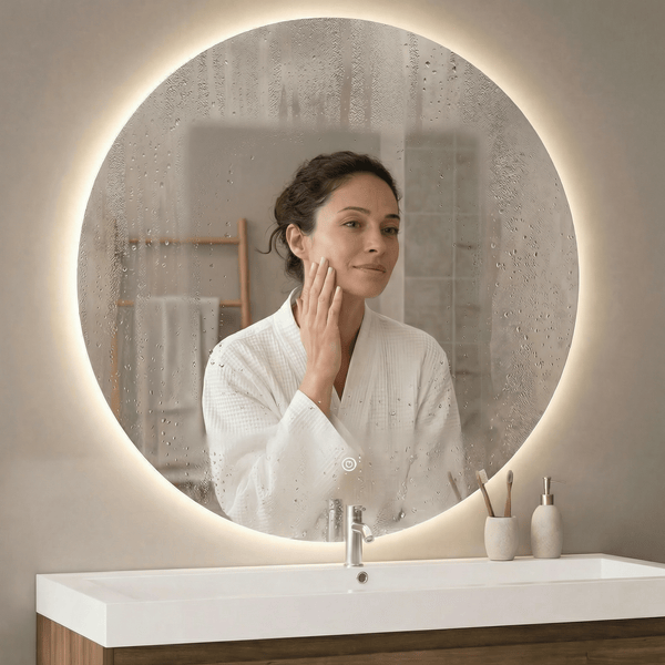 Runder Badezimmerspiegel mit integrierter LED Beleuchtung und Touchschalter montiert über einem Waschbecken in einem Badezimmer.