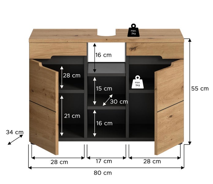Waschbeckenunterschrank mit Schubladen und offenen Fächern, Maßangaben