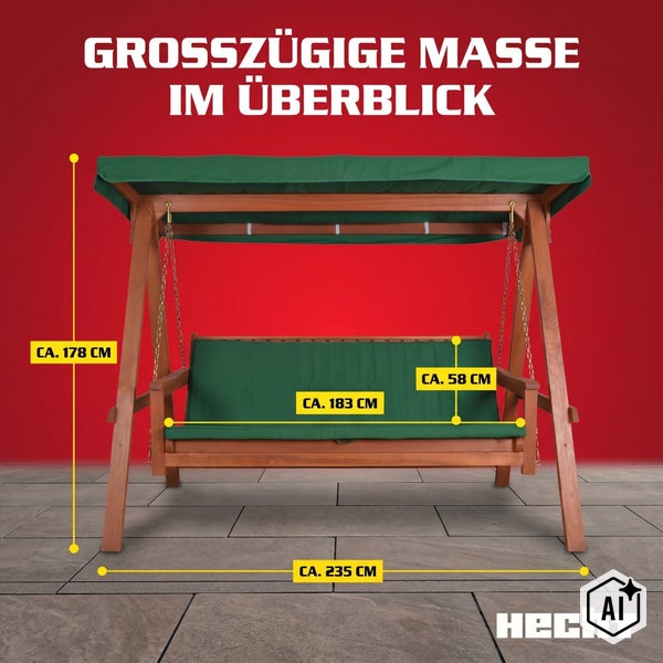 Garten-Hollywoodschaukel aus Holz mit Sonnendach und Auflage inklusive Maßangaben, Hecht Logo.